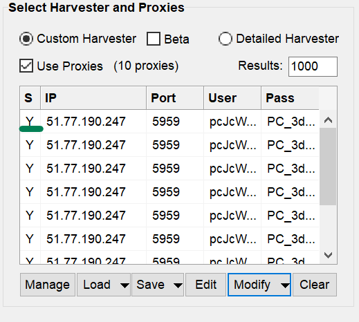 Active SOCKS Proxy Status in Scrapebox The S column in the Scrapebox proxy grid displaying Y to indicate active SOCKS proxy routing.
