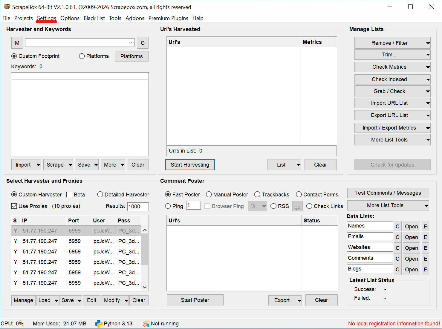 Scrapebox Settings Menu Clicking the Settings tab on the top navigation bar in Scrapebox to configure proxy performance.