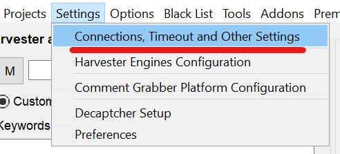 Connections and Timeout Settings Selecting Connections, Timeout and Other Settings from the Scrapebox dropdown menu.