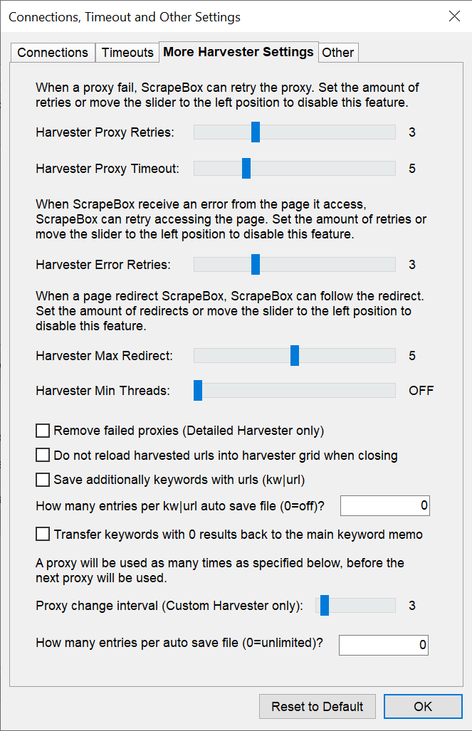 Scrapebox Proxy Change Interval Settings The More Harvester Settings tab in Scrapebox highlighting proxy retries and the proxy change interval slider.