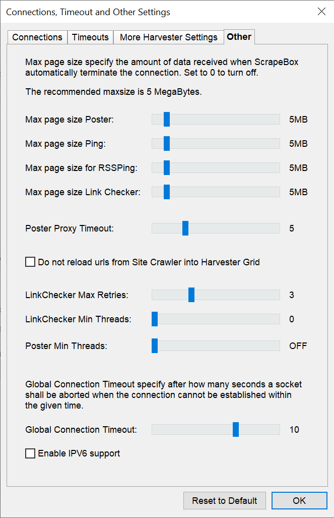 Enable IPv6 in Scrapebox The Other settings tab in Scrapebox showing the Global Connection Timeout slider and the Enable IPV6 support checkbox.