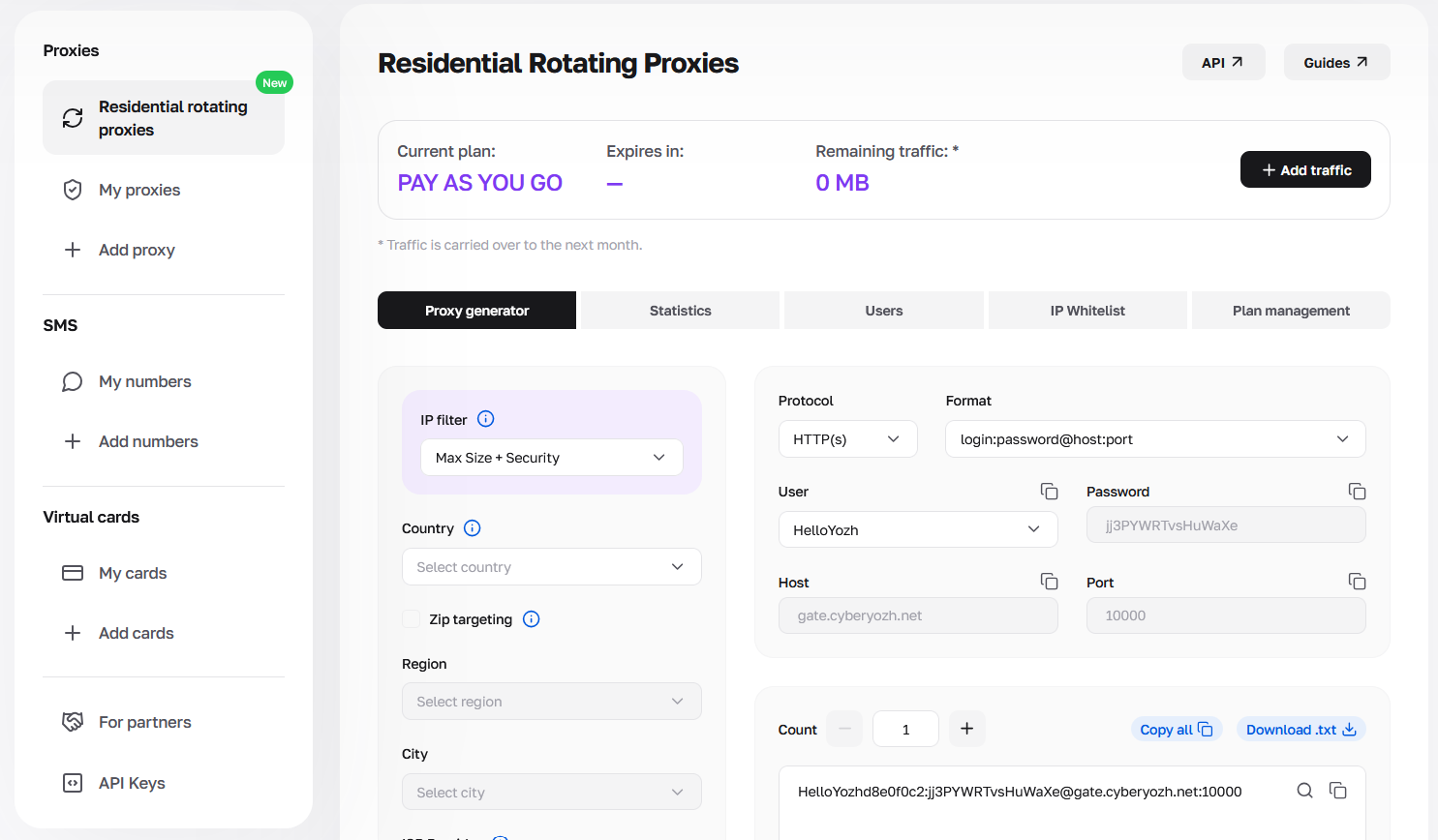 The main CyberYozh dashboard where you create and manage proxy sub-users. The main CyberYozh dashboard where you create and manage proxy sub-users.