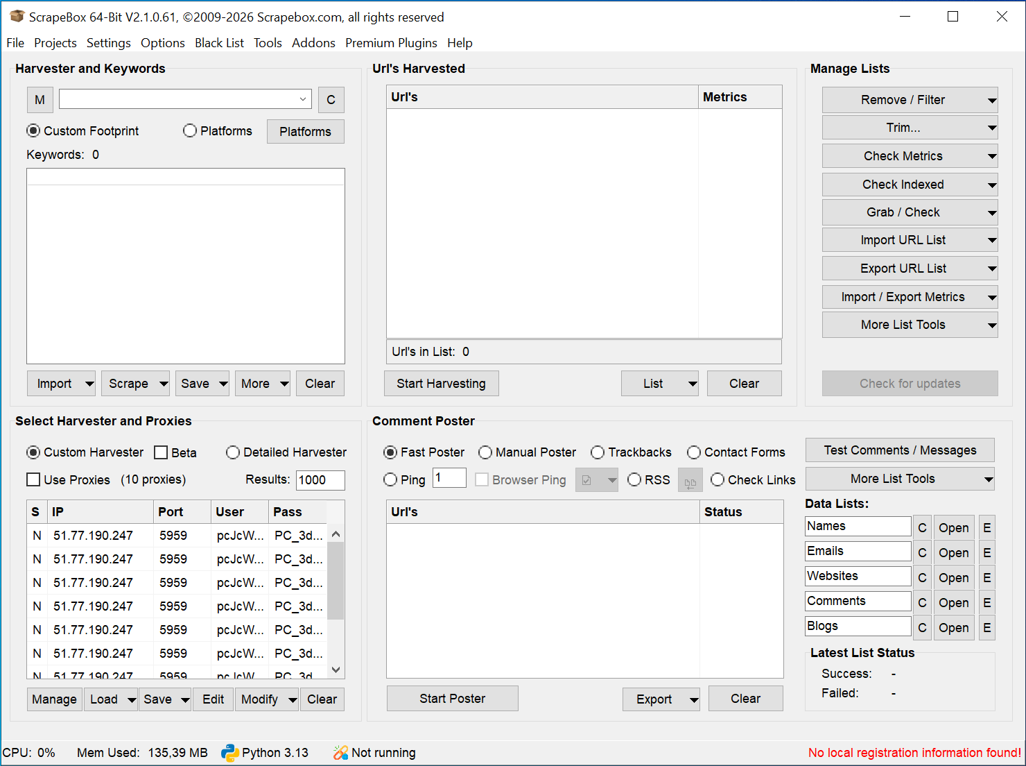 Loaded Proxy Grid in Scrapebox Scrapebox interface showing a fully populated grid of IP addresses, ports, usernames, and passwords.