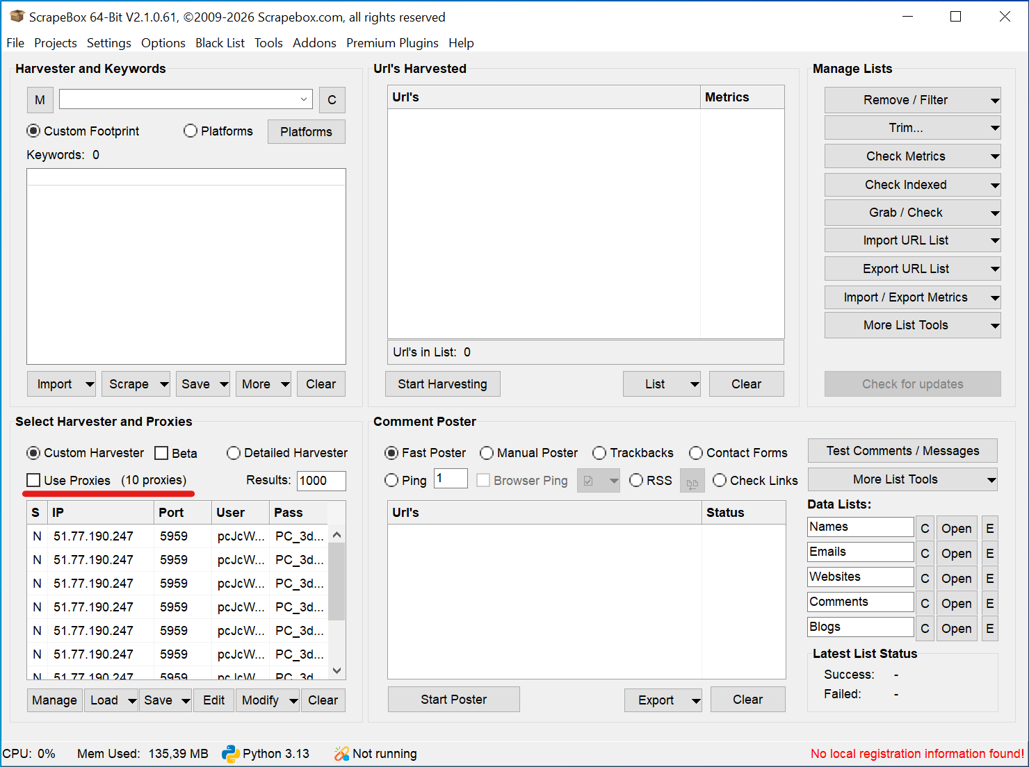 Enable Scrapebox Proxies Checkbox Checking the Use Proxies box to activate the loaded proxy list in Scrapebox.