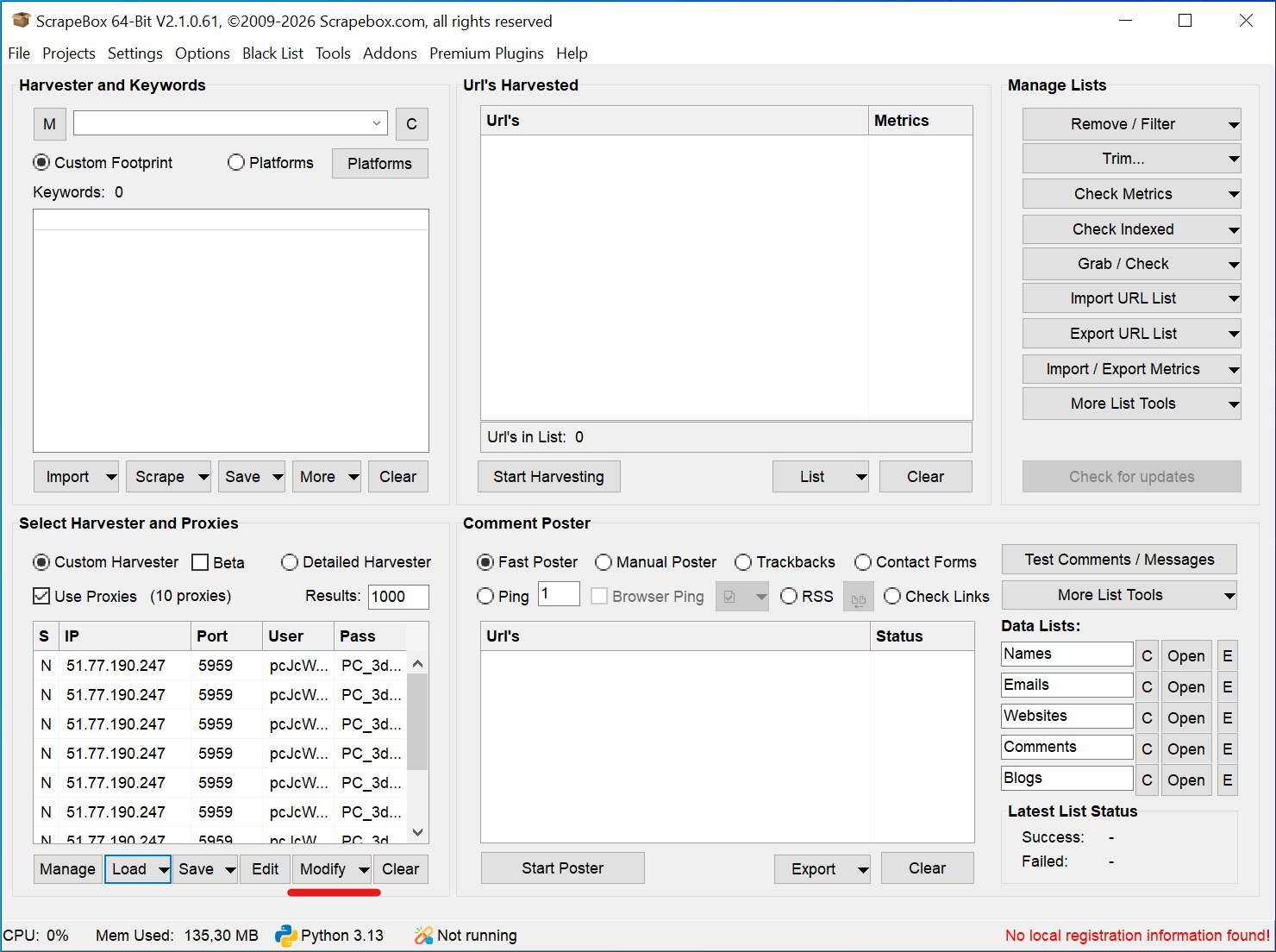 Scrapebox Default HTTP Proxy View The S column in the Scrapebox proxy grid displaying N to indicate HTTP protocol.