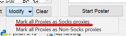 Enable SOCKS Protocol in Scrapebox Selecting the Mark all Proxies as Socks proxies option in the Scrapebox Modify menu.
