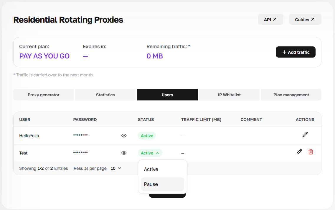 Temporarily blocking network access when proxy sub-users are not in active use. Temporarily blocking network access when proxy sub-users are not in active use.