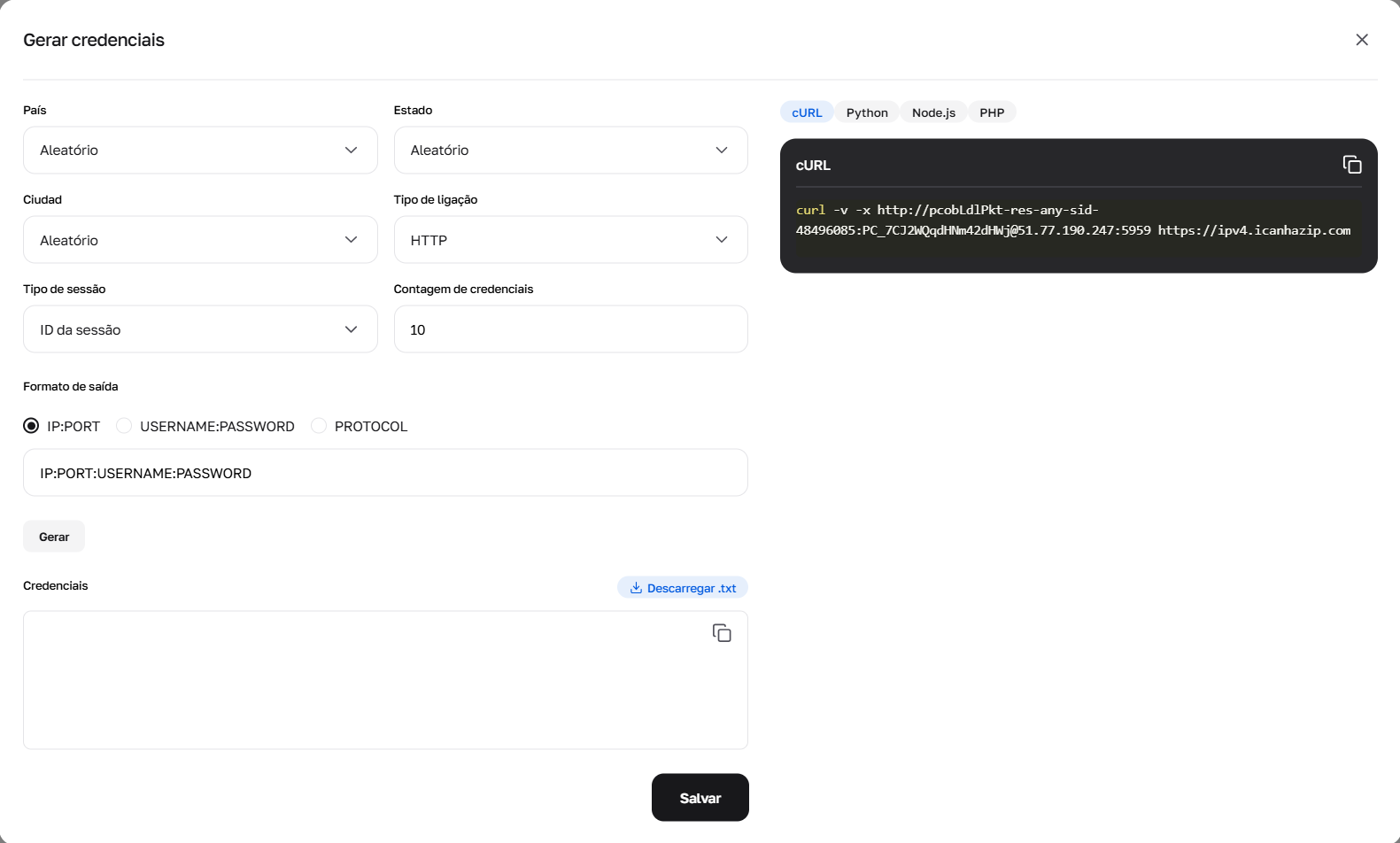 Interface do gerador de credenciais para proxies residenciais no CyberYozh App. Possui opções de geotargeting e controle de sessão. Interface do gerador de credenciais para proxies residenciais no CyberYozh App. Possui opções de geotargeting e controle de sessão.