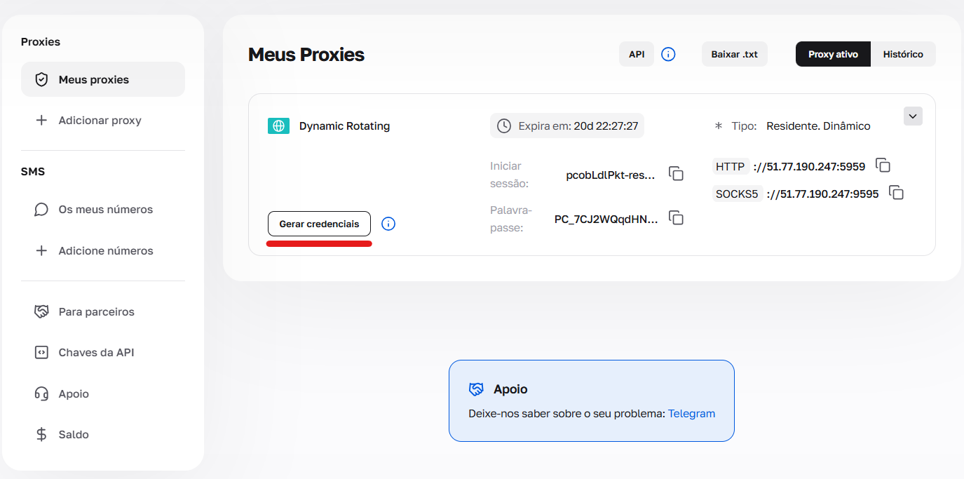 Painel do CyberYozh App com o botão de gerar credenciais para proxies residenciais dinâmicos. Painel do CyberYozh App com o botão de gerar credenciais para proxies residenciais dinâmicos.